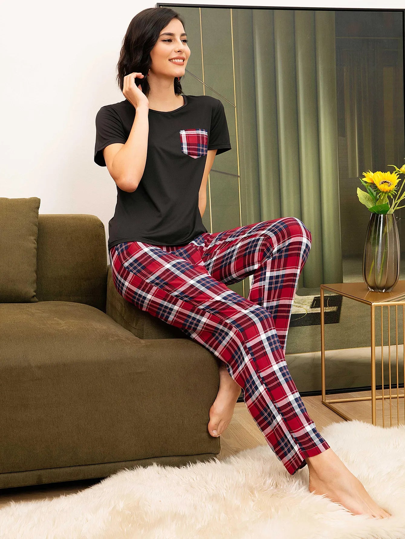 Women Pajama Set Scew Neck Short Sleeve Top & Long Plaid Pants 2 Pieces Sleepwear Elastic Waist Drawstring Nightwear Home Cloth Blue, XL
