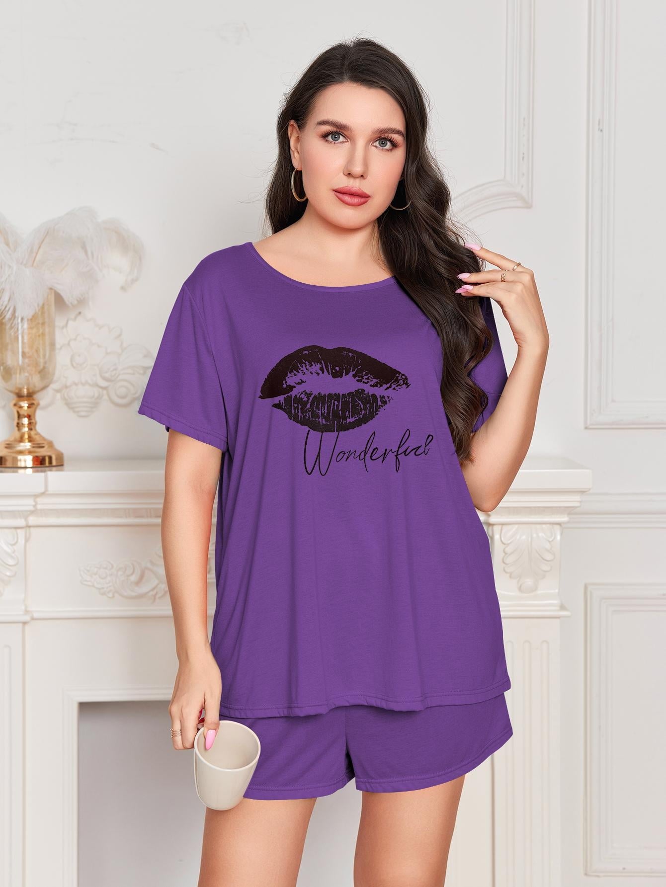 ebukurty Plus Size Pajama Set 2 Piece Short Sleeve Top and Shorts Soft Loungewear, Sizes 1XL-5XL