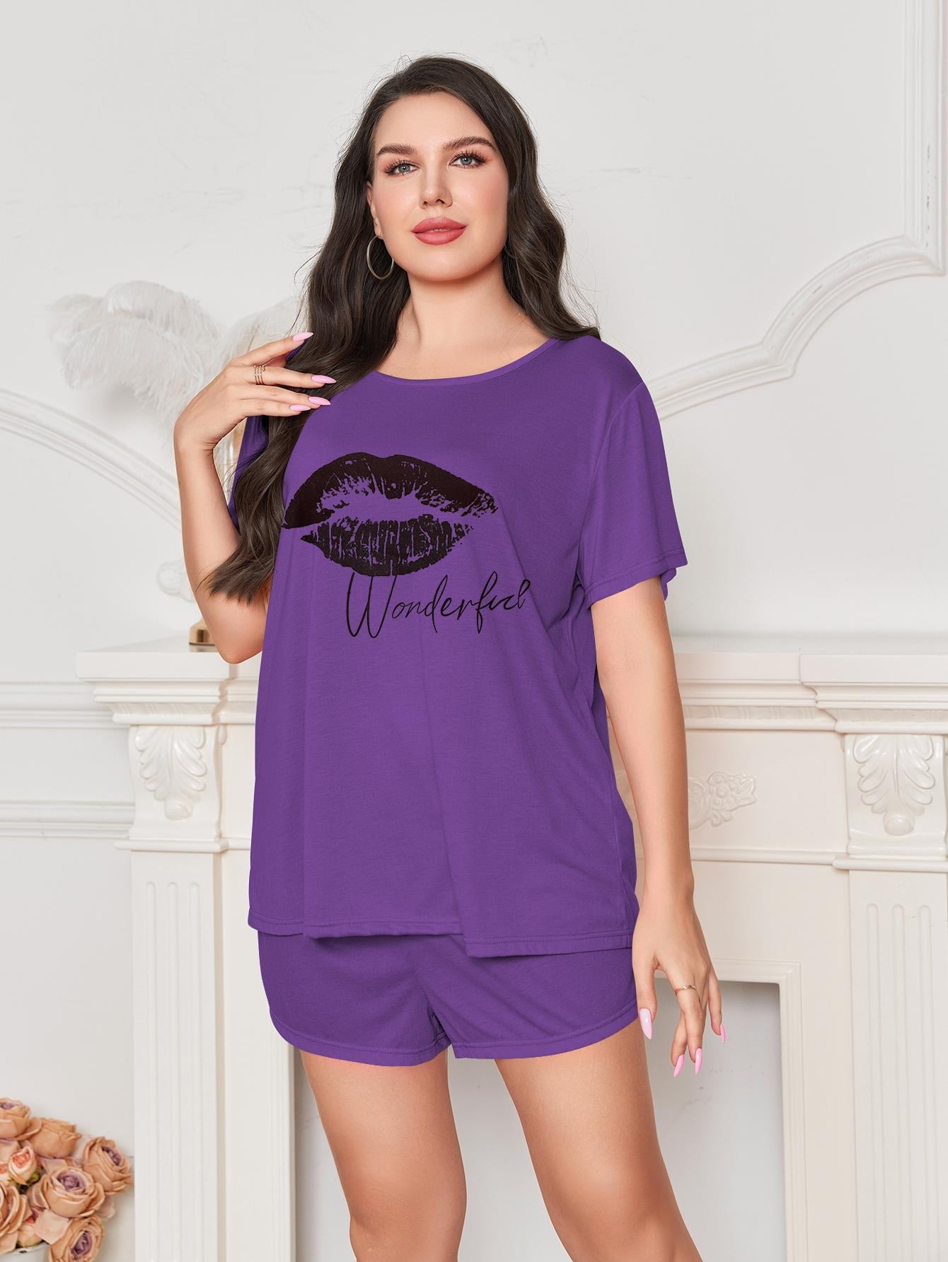 ebukurty Plus Size Pajama Set 2 Piece Short Sleeve Top and Shorts Soft Loungewear, Sizes 1XL-5XL