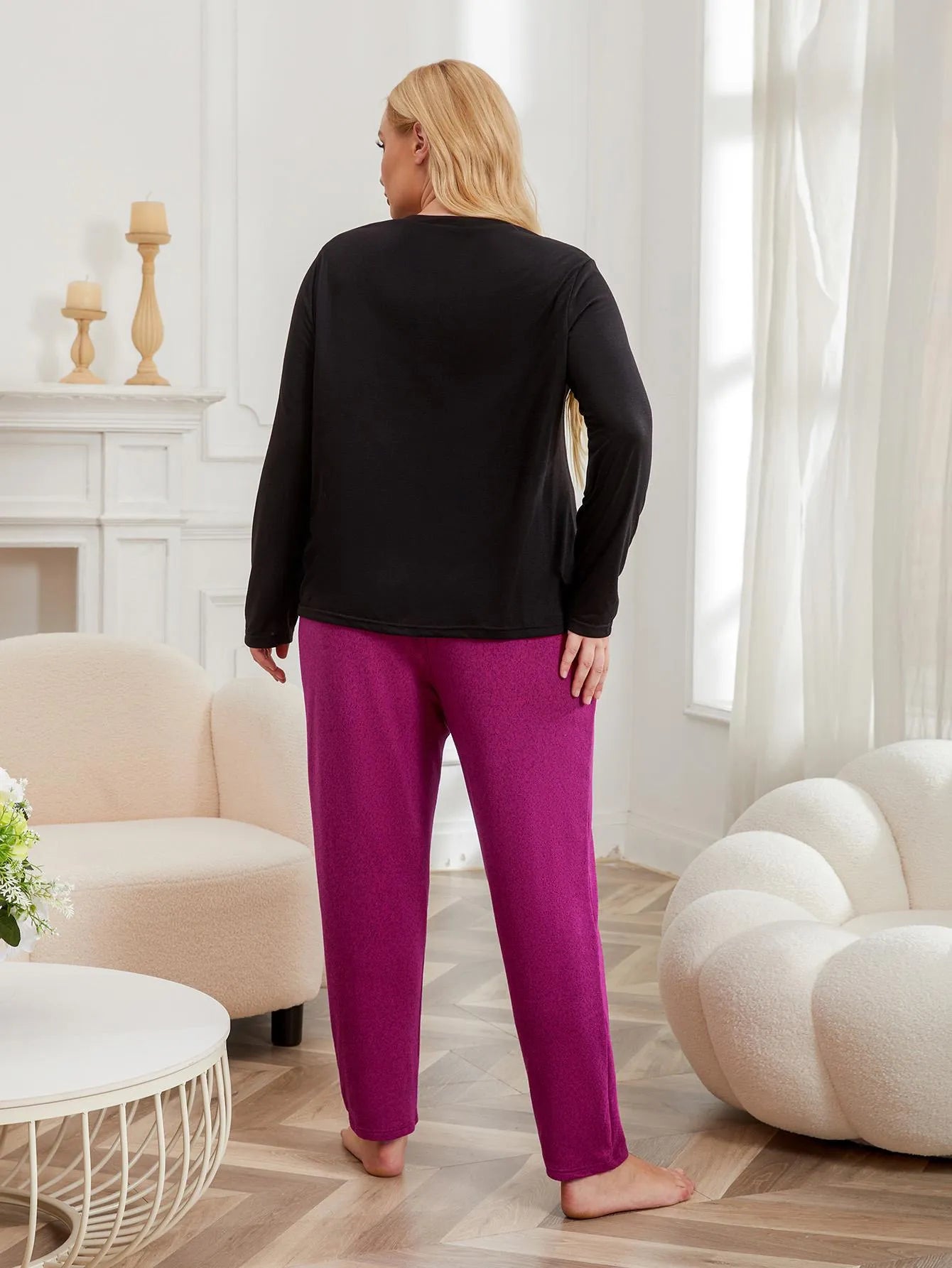 Women's Long Sleeve Pajama Set Round Neck with Pockets Paired with Pants 2-piece Female Oversize Sleepwear Homewear Pj Set