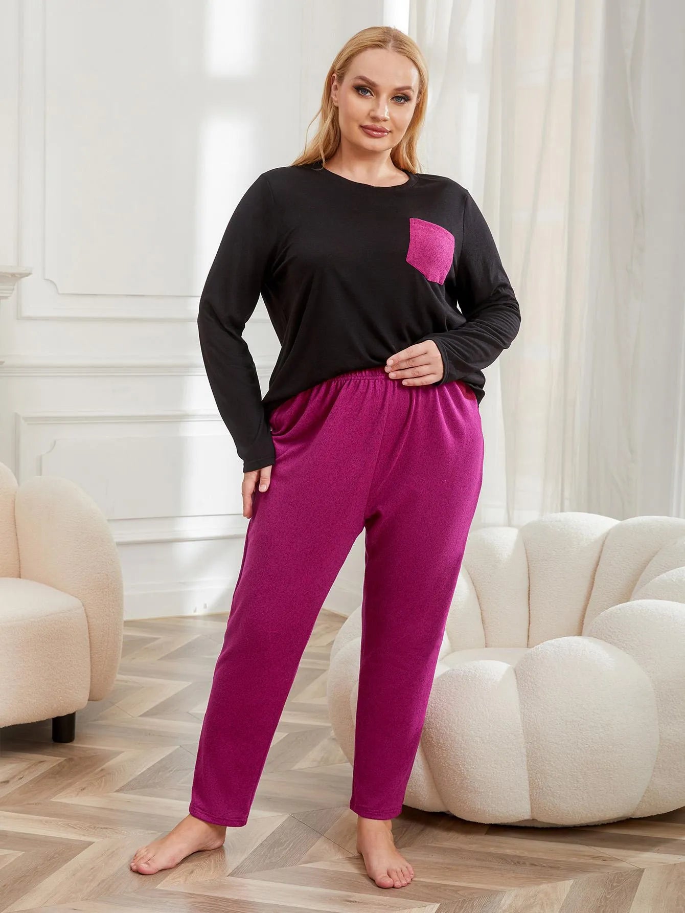 Women's Long Sleeve Pajama Set Round Neck with Pockets Paired with Pants 2-piece Female Oversize Sleepwear Homewear Pj Set