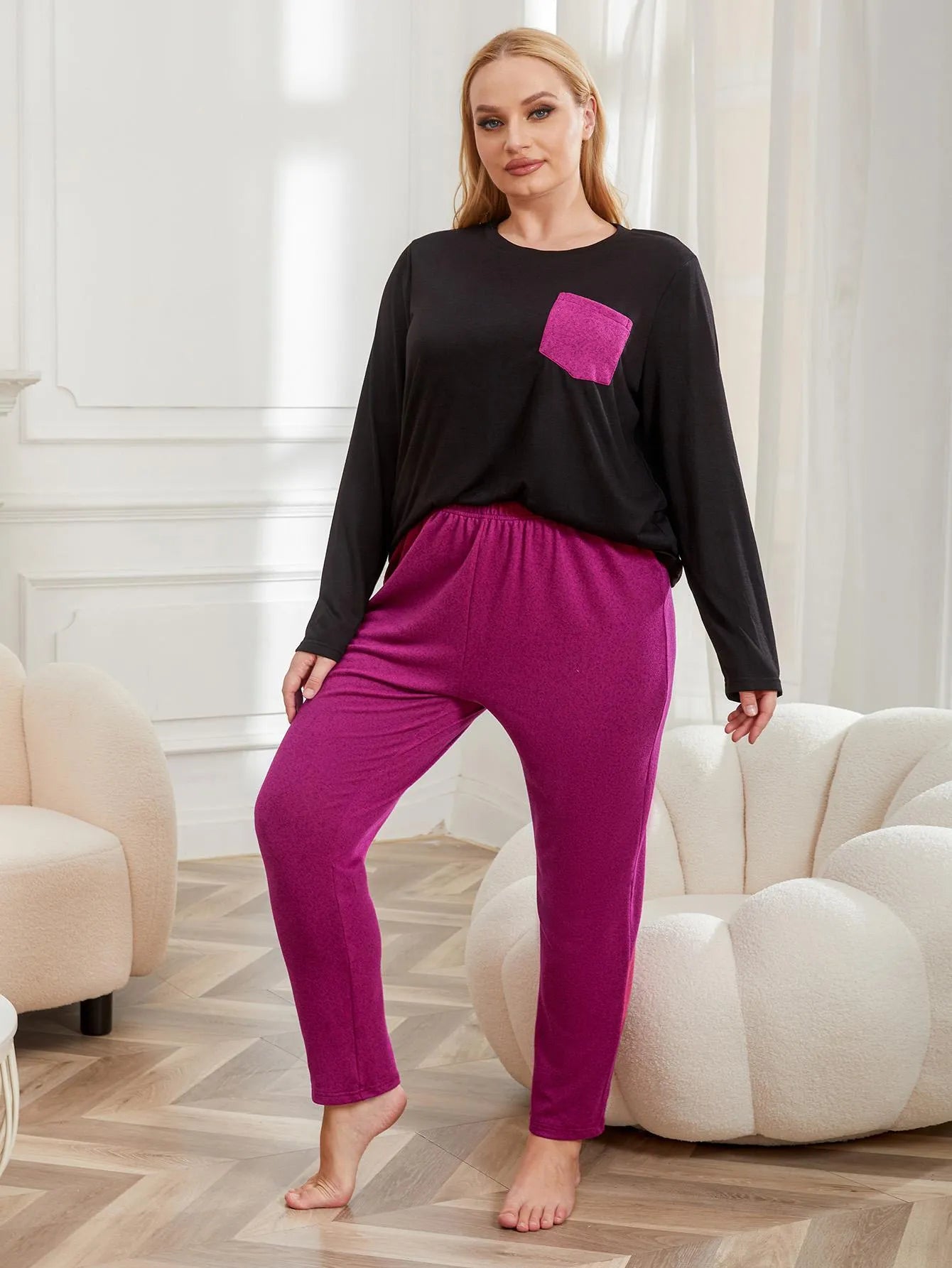 Women's Long Sleeve Pajama Set Round Neck with Pockets Paired with Pants 2-piece Female Oversize Sleepwear Homewear Pj Set