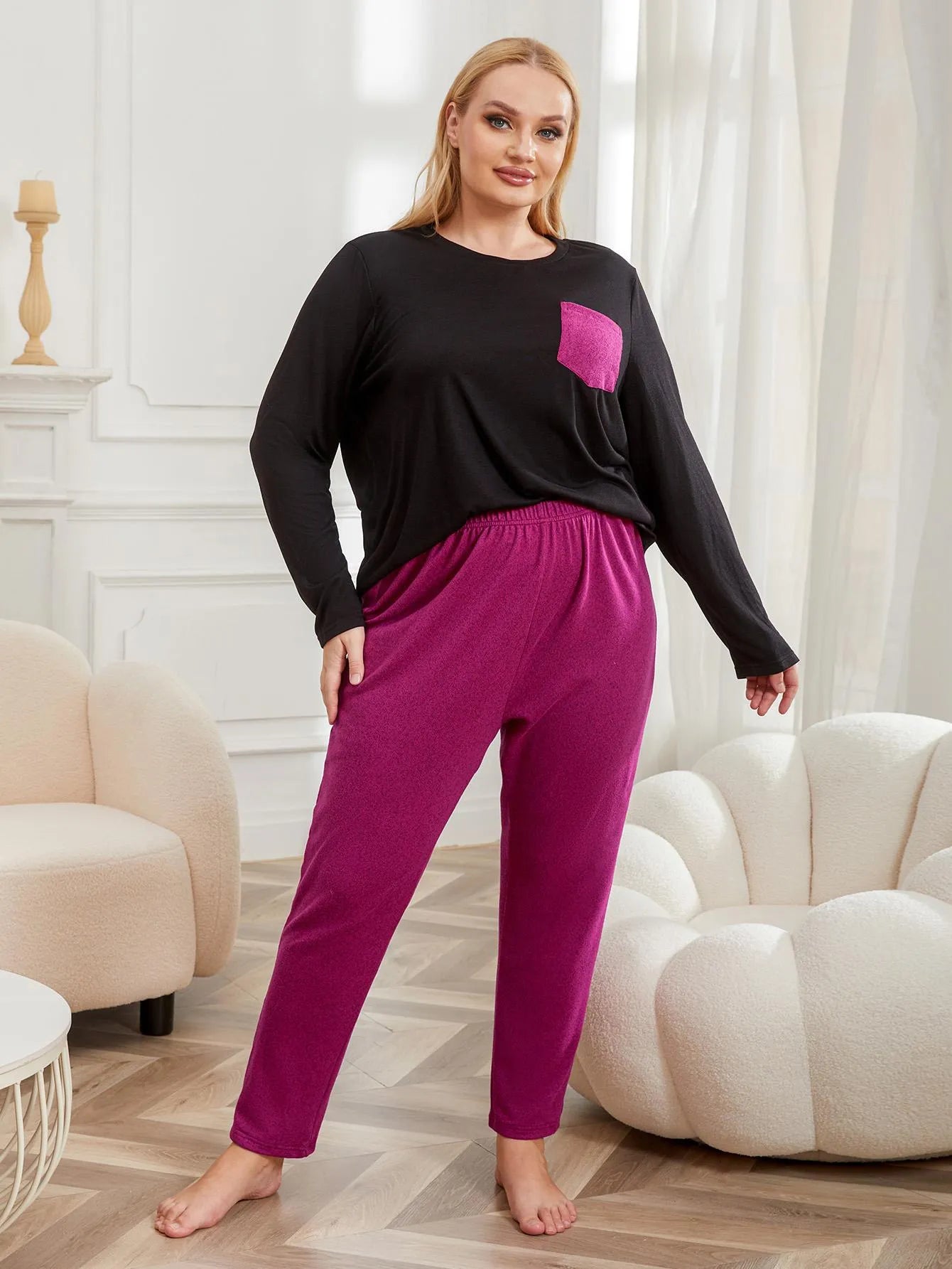 Women's Long Sleeve Pajama Set Round Neck with Pockets Paired with Pants 2-piece Female Oversize Sleepwear Homewear Pj Set