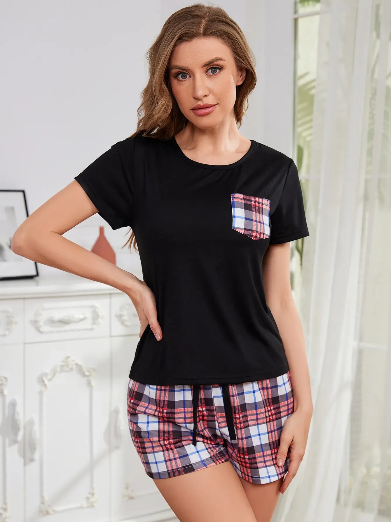 Summer Women's Pajamas Set Screw Neck Tee & Shorts Sleepwear 2 Pieces Heart Print Nightwear Elastic Drawstring Homewear Cloth