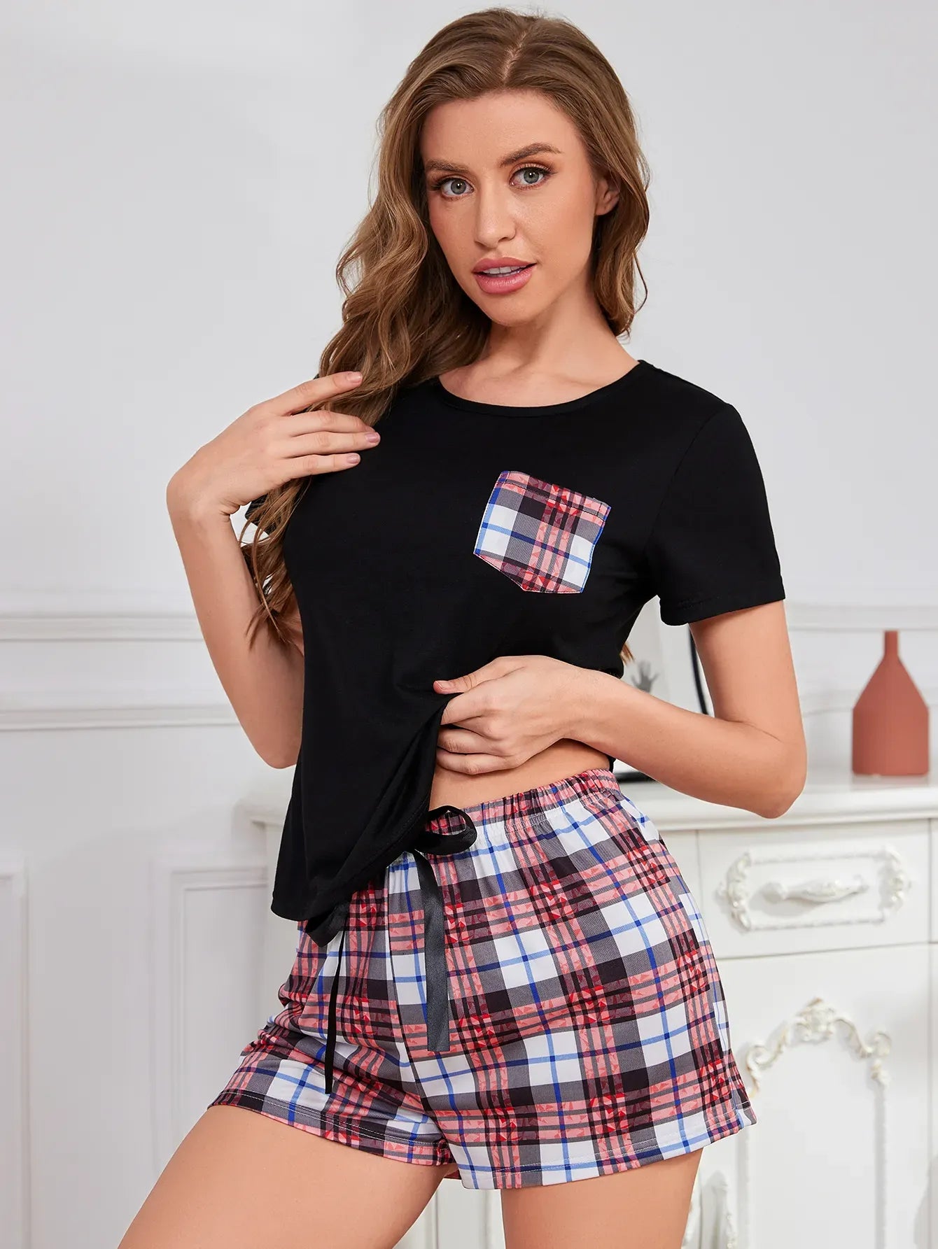 Summer Women's Pajamas Set Screw Neck Tee & Shorts Sleepwear 2 Pieces Heart Print Nightwear Elastic Drawstring Homewear Cloth