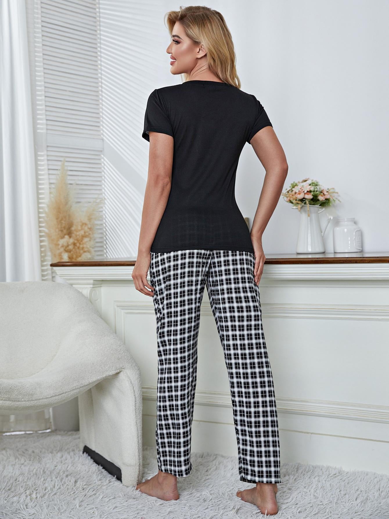 ebukurty Women's Pajamas Set 2 Piece V-Neck Short Sleeve Plaid Sleepwear, Sizes S-XL