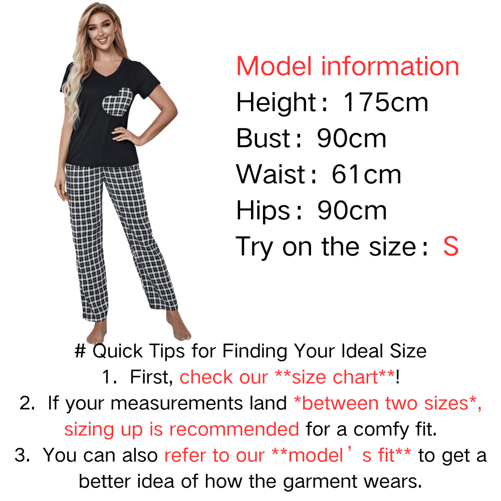 ebukurty Women's Pajamas Set 2 Piece V-Neck Short Sleeve Plaid Sleepwear, Sizes S-XL