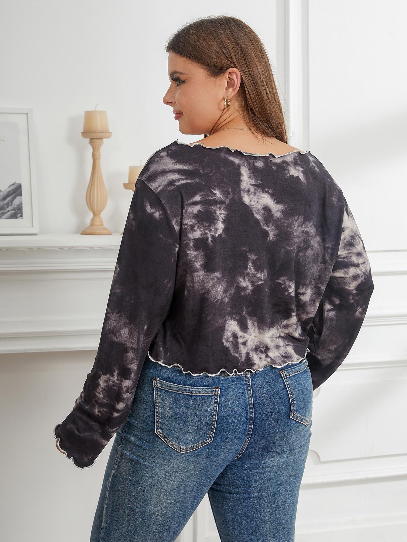 ebukurty Plus Size Long Sleeve Shirts Black Printed Off Shoulder T-shirt, Sizes 1XL-4XL