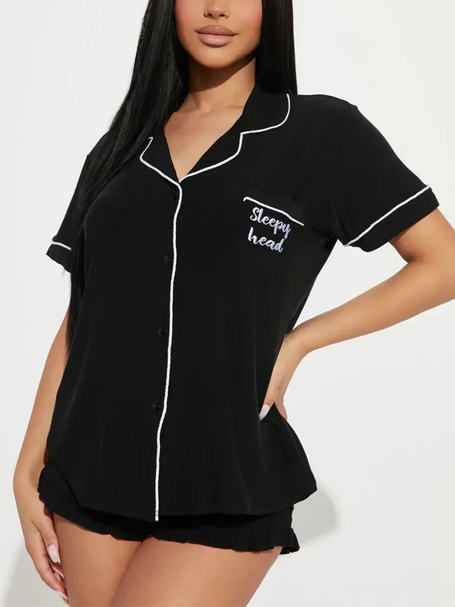 Summer Women's Pajamas Sets Short Sleeve Notched Collar Front Button Top & Elastic Waist Shorts Home Suit Loungewear Sleepwear