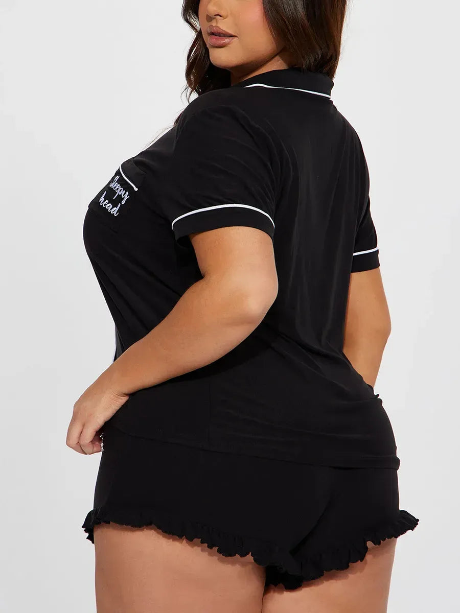 Summer Women's Pajamas Sets Short Sleeve Notched Collar Front Button Top & Elastic Waist Shorts Home Suit Loungewear Sleepwear