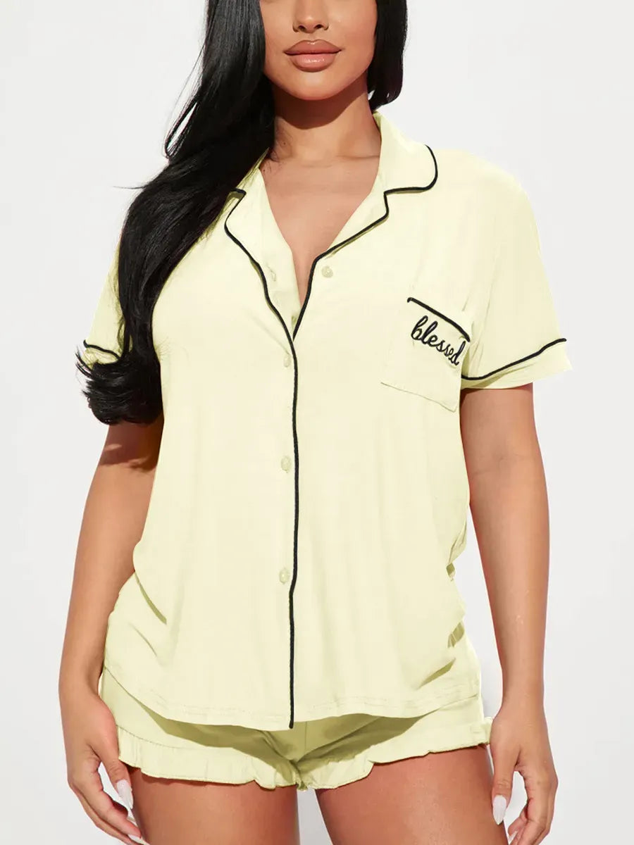 Summer Women's Pajamas Sets Short Sleeve Notched Collar Front Button Top & Elastic Waist Shorts Home Suit Loungewear Sleepwear