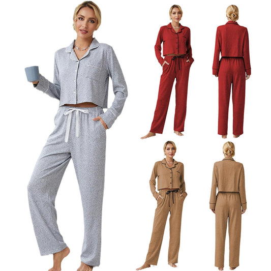 Solid Womens Pajamas Set Front Button Long Sleeves Crop Top & Full-Length Pants 2 Pieces Female Sleepwear Nightwear Homewear