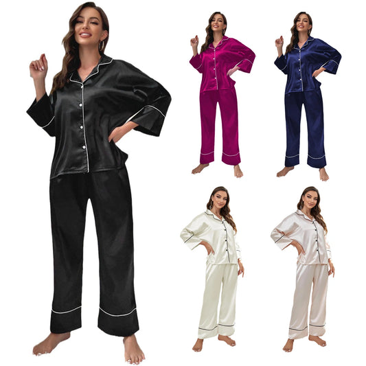 Silk Satin Women‘s Pajamas Set Notched Collar Top & Wide Leg Long Pants 2 Pieces Sleepwear Female Loungewear Like Leisure Suit