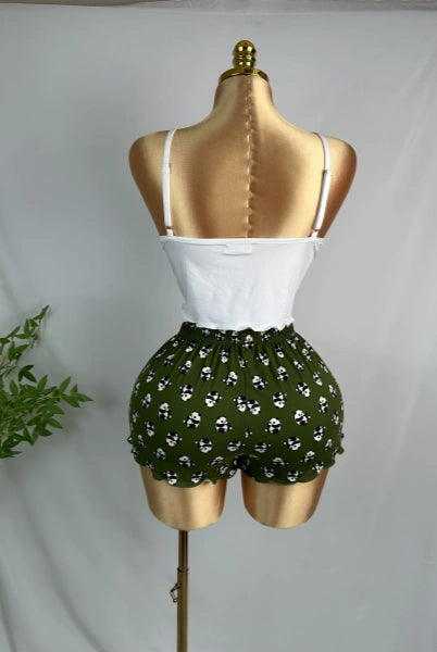 Sommer Damen Pyjama Sets 2 Stück Sling Top & Shorts Ärmellose Nachtwäsche Rundhals Panda Print Nachtwäsche Home Lounger Anzug