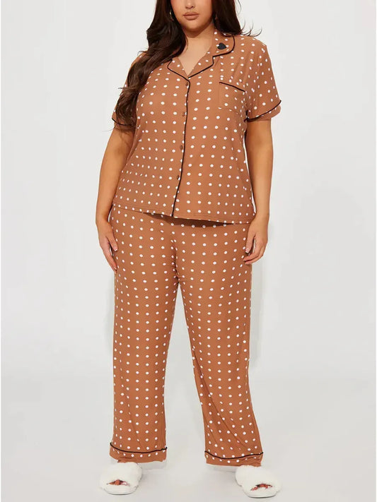 Heart Print Women Pajamas Set Short Sleeve Front Button Tops & Long Pants Female 2 Pieces Notched Collor Sleepwear Nightwear