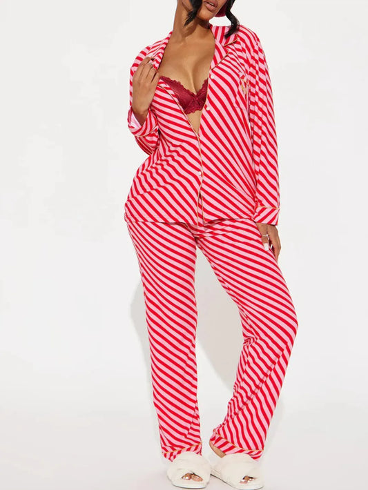 Striped Women Pajama Set Long Sleeves Turn Down Collar Top & Full-length Pants Female 2 Pieces Sleepwear Nightwear Homewear