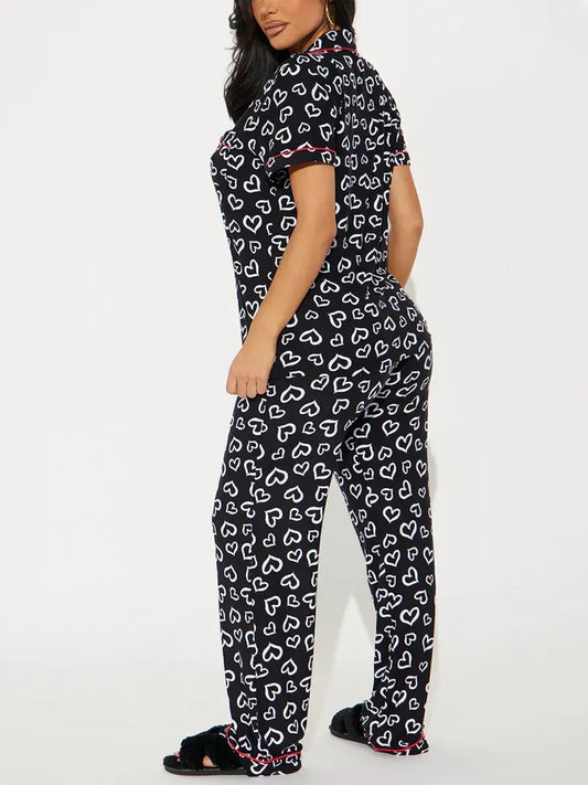 Heart Print Women Pajamas Set Short Sleeve Front Button Tops & Long Pants Female 2 Pieces Notched Collor Sleepwear Nightwear