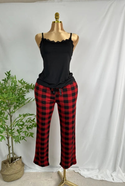 Damen Pyjama-Set mit Spitzenbesatz, ärmelloses Oberteil und lange karierte Hose, 2-teilig, Nachtwäsche mit Rundhalsausschnitt, Homewear, Nachtwäsche-Anzug