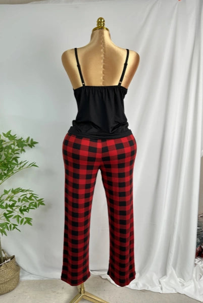 Damen Pyjama-Set mit Spitzenbesatz, ärmelloses Oberteil und lange karierte Hose, 2-teilig, Nachtwäsche mit Rundhalsausschnitt, Homewear, Nachtwäsche-Anzug