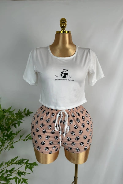 Women's Pajamas Set Panda Letter Print Short Sleeves Top & Shorts Sleepwear Scroop Neck Elastic Waist Drawstring Pants Nightwear
