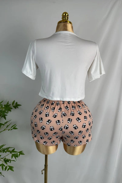 Women's Pajamas Set Panda Letter Print Short Sleeves Top & Shorts Sleepwear Scroop Neck Elastic Waist Drawstring Pants Nightwear