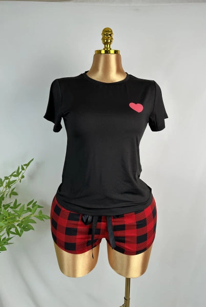 2 Pieces Women's Pajama Set Short Sleeve O Neck T-Shirt & Plaid Drawstring Pants Sleepwear Home Suit Cloth Hear Design Homewear