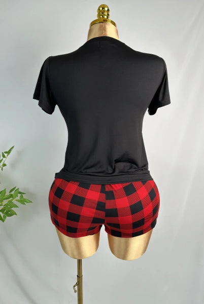 2 Pieces Women's Pajama Set Short Sleeve O Neck T-Shirt & Plaid Drawstring Pants Sleepwear Home Suit Cloth Hear Design Homewear