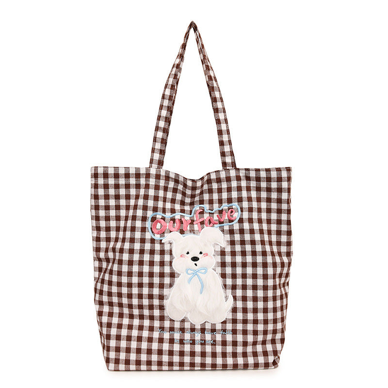 Cute plush dog embroidered shoulder bag, checkered canvas bag, casual and versatile, large capacity student backpack
