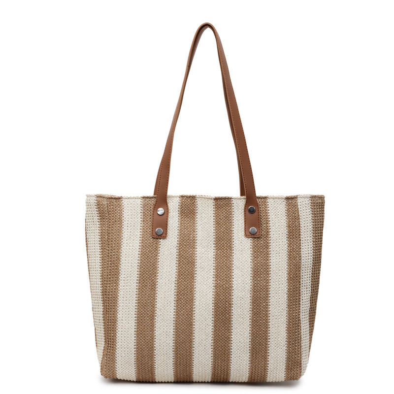 Large capacity fashionable hand-held woven bag for women's cross-border new Korean version striped shoulder bag for vacation and leisure beach bag