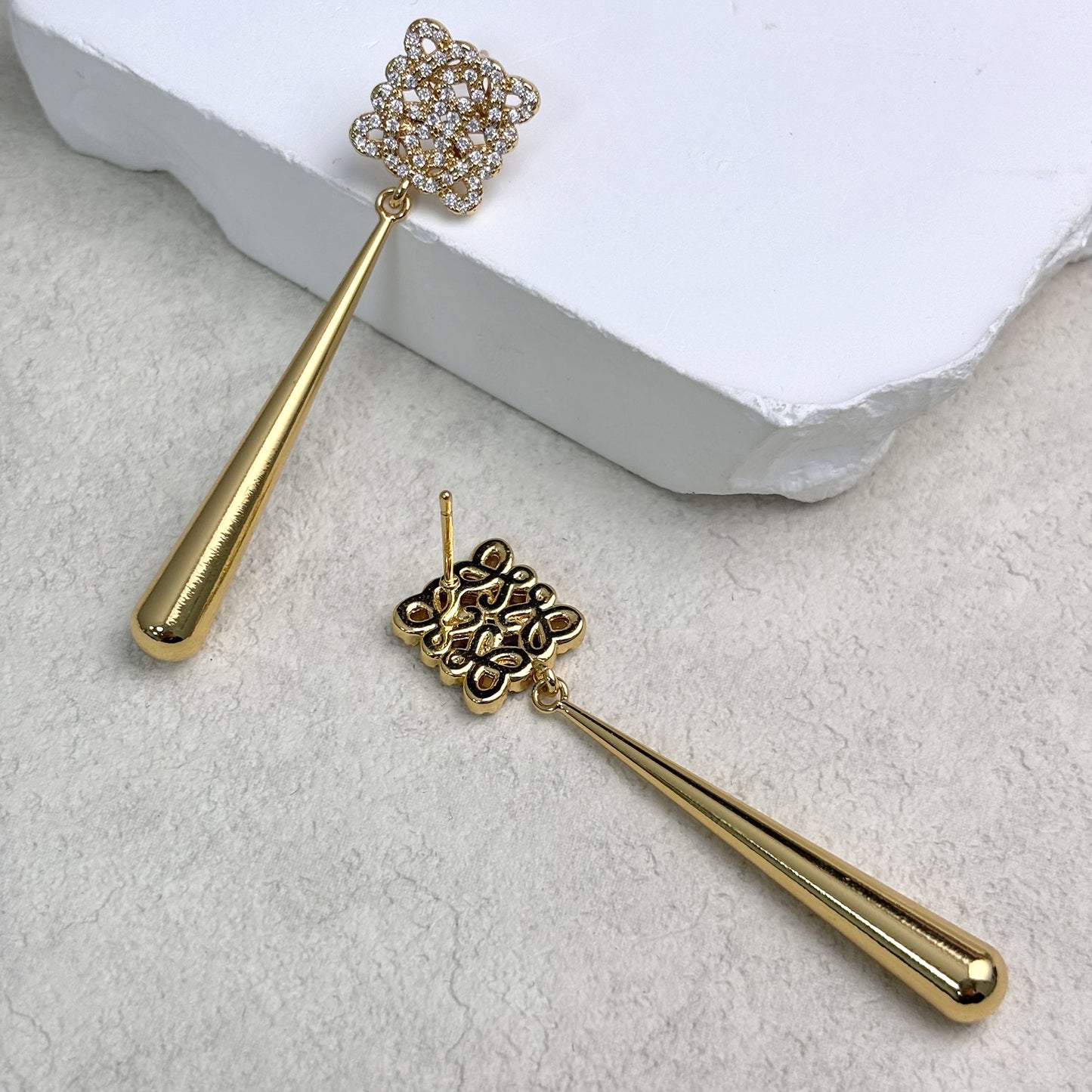 Gold Earrings for Women Long Rhombus Carved Flowers Earrings
