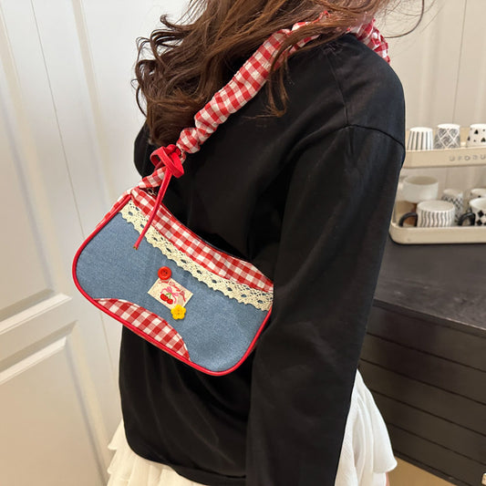 Cute and versatile shoulder bag, plaid small fresh hand-held commuting bag, niche design, large capacity casual armpit bag
