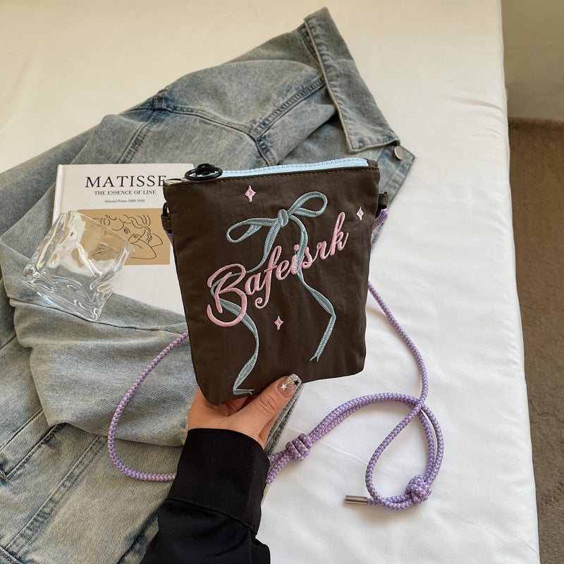 Niche design letter printed shoulder bag ballet style bow embroidered crossbody bag daily commuting small shoulder bag