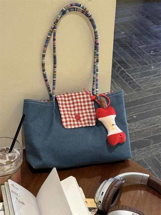 New 2025 Large Capacity Cowboy Single Shoulder Handheld Checkered Canvas Bag Versatile Commuter Retro Leisure Tote Bag for Women