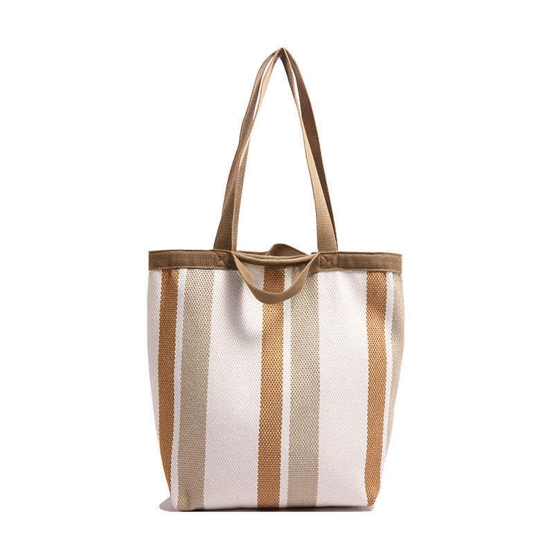 2025 New Stripe Contrast Handheld Women's Bag Large Capacity Fashion Commuter Versatile Shoulder Bag Knitted Fabric Korean Edition Tote Bag