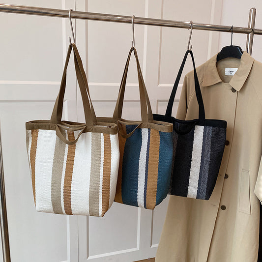 2025 New Stripe Contrast Handheld Women's Bag Large Capacity Fashion Commuter Versatile Shoulder Bag Knitted Fabric Korean Edition Tote Bag