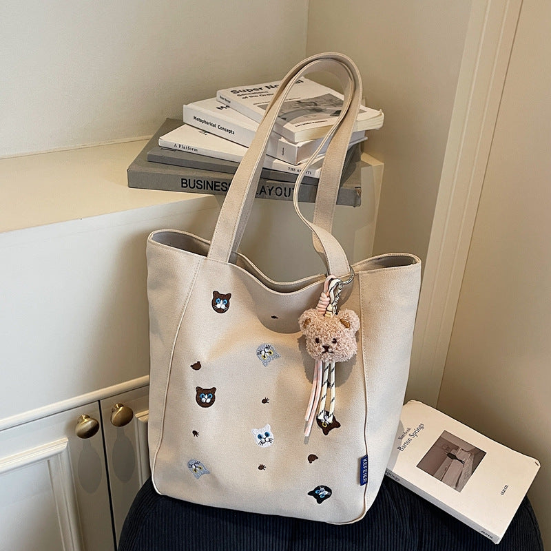 Embroidery cat high-end tote bag 2025 new artistic cute portable shoulder crossbody bag canvas bag