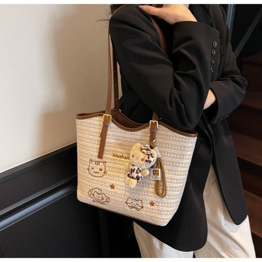 Woven bag, large capacity bag, women's 2025 new trendy beach shoulder bag, women's summer woven tote bag