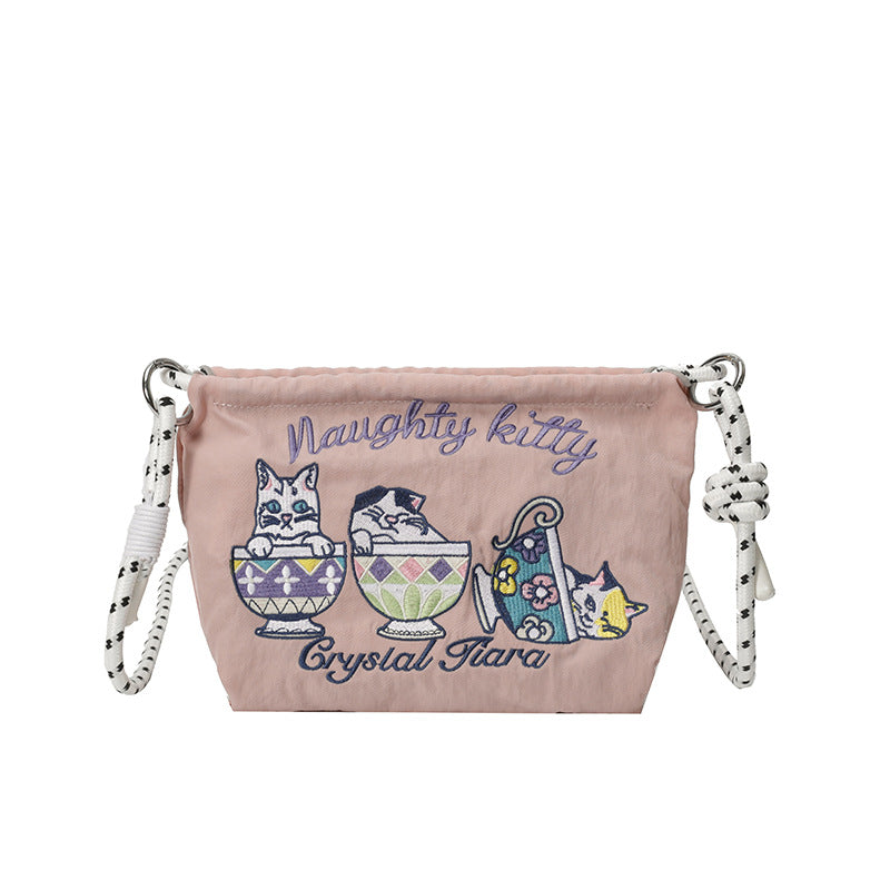 Summer Teacup Cat Crossbody Women's Bag 2025 New Embroidered Nylon Cloth Shoulder Bag