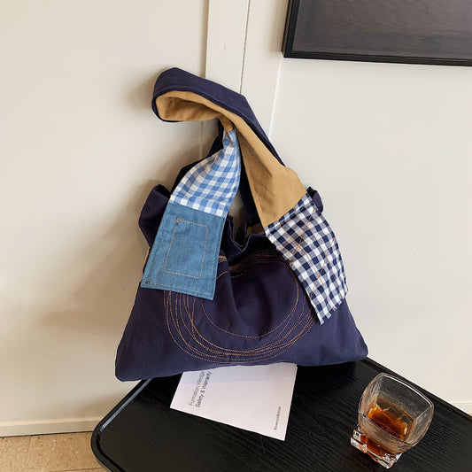 Autumn New Canvas Bag for Female Students Retro Splicing Shoulder Bag Japanese Large Capacity Shopping Bag Fashion Tote Bag