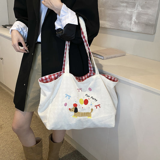Self cute embroidered hand-held shoulder bag, large capacity tote bag, autumn and winter new corduroy plaid dual-use women's bag