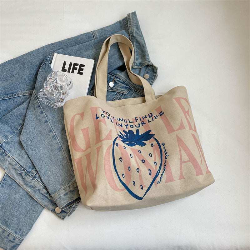 Letter canvas bag 2025 new strawberry print Gentle Woman shoulder bag commuting tote bag