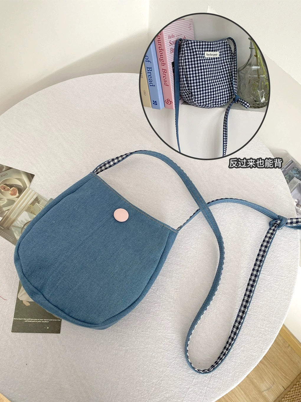 Simple mobile phone bag for women; versatile denim crossbody bag with Japanese plaid pattern on both sides