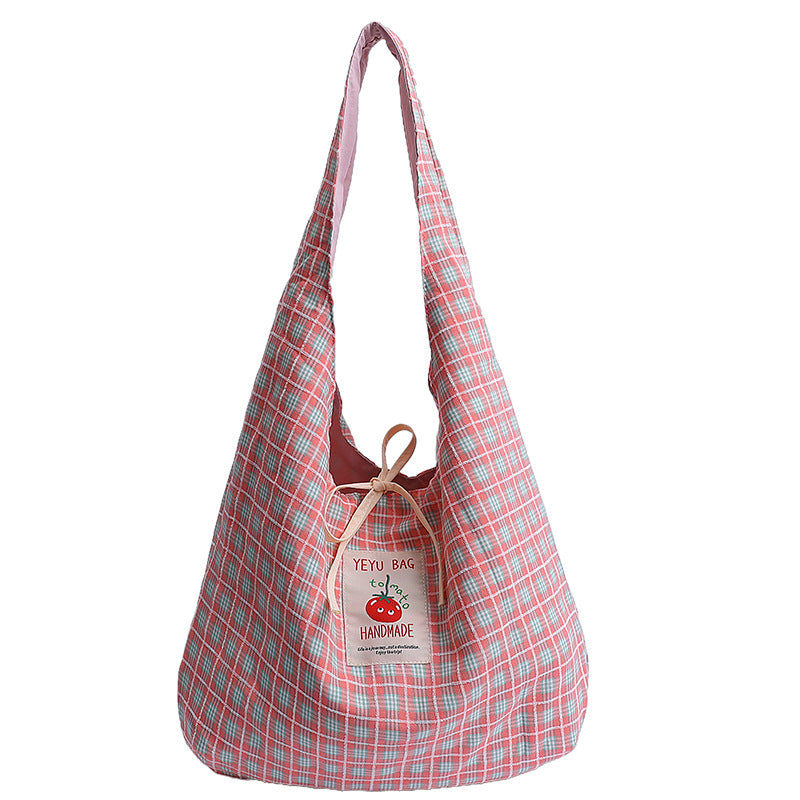 Summer versatile bag, female core, cute cherry red checkered canvas bag, student shoulder bag, crossbody commuting checkered bag