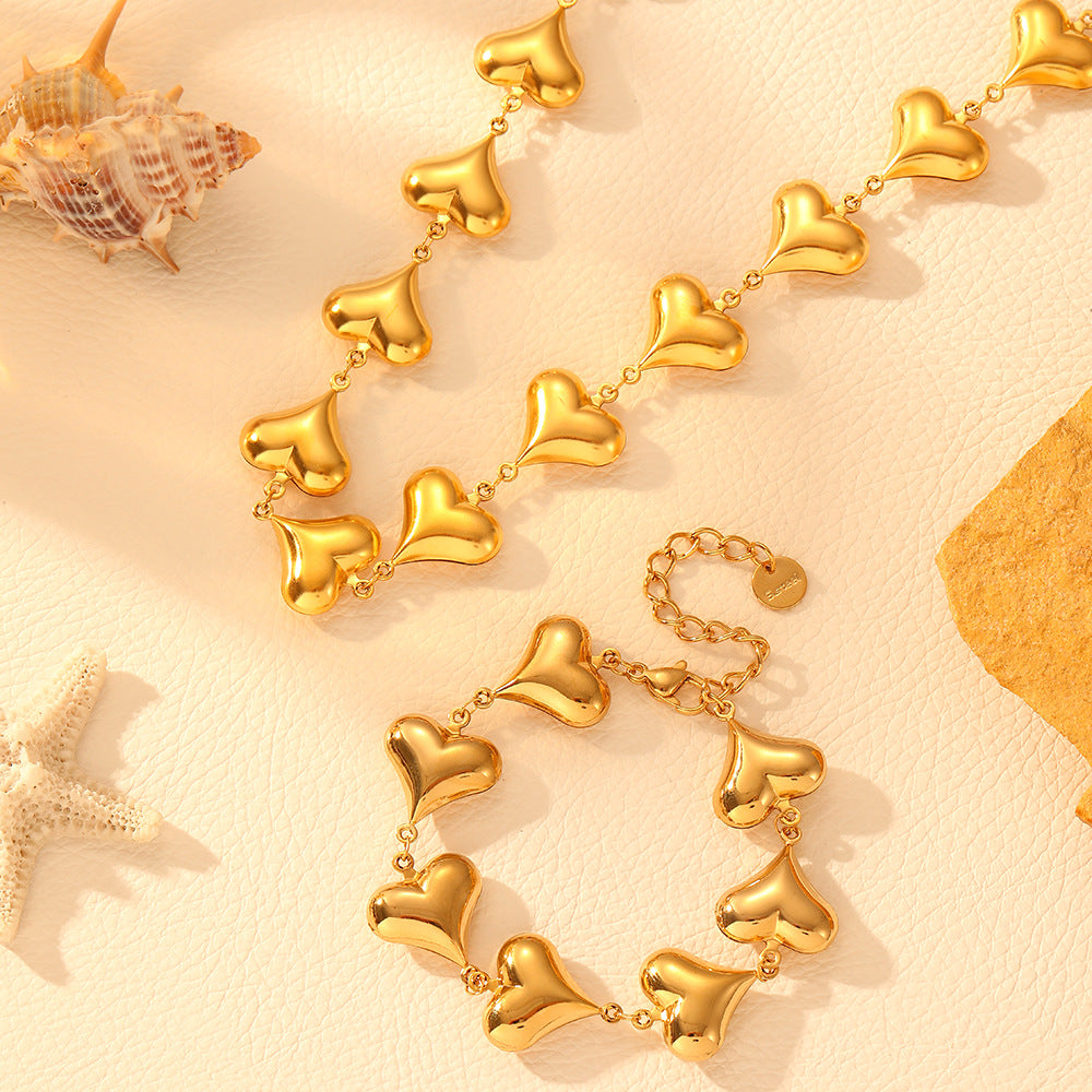 Gold Necklace and Bracelets for Women Sets Glossy Heart-shaped Jewelry Set