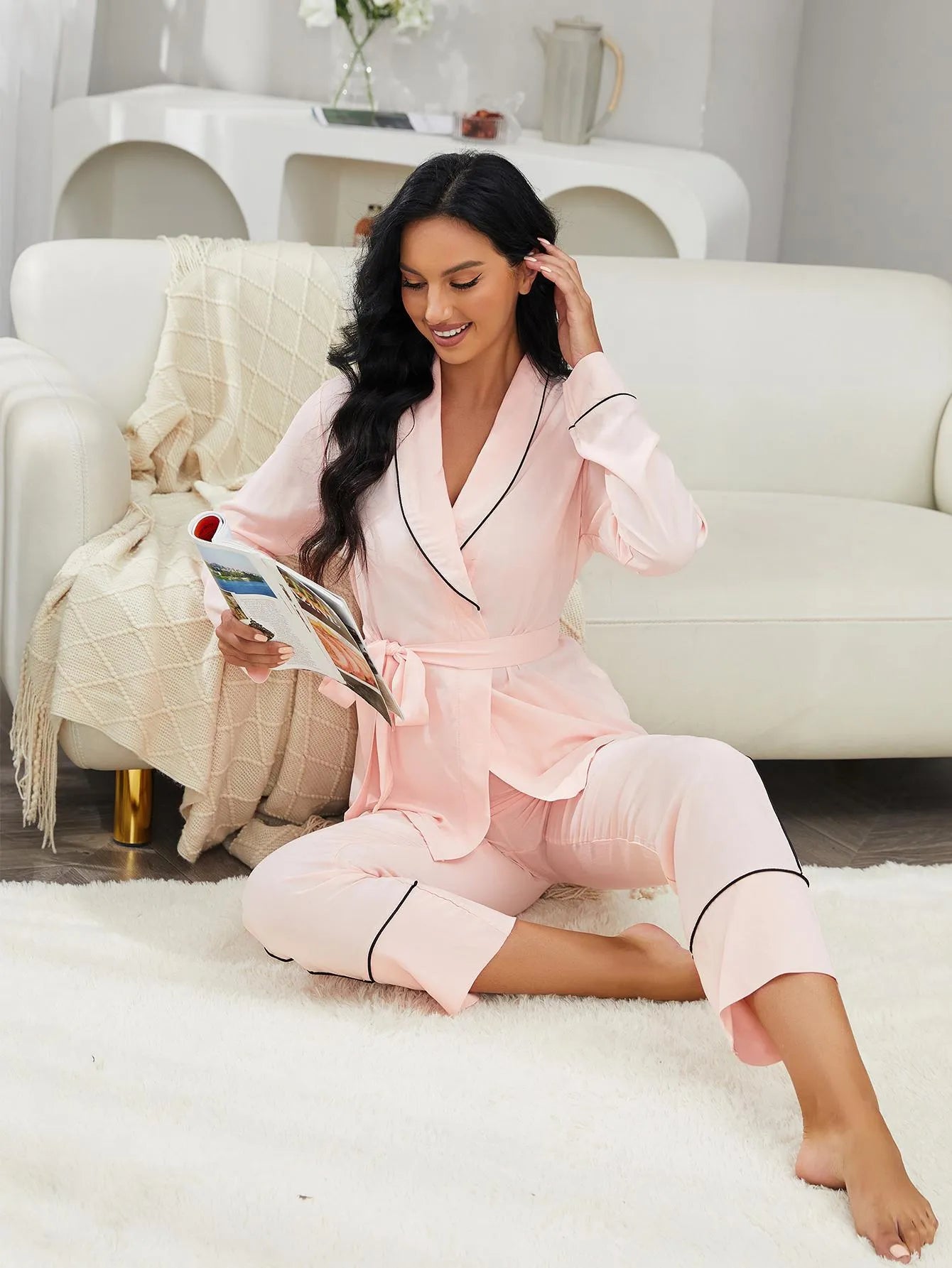Langärmliges Pyjama-Set für Damen, Oberteil mit V-Ausschnitt und Gürtel und Taillenhose, 2-teilig, weiche Nachtwäsche für Damen, Nachtwäsche, Homewear