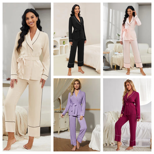 Langärmliges Pyjama-Set für Damen, Oberteil mit V-Ausschnitt und Gürtel und Taillenhose, 2-teilig, weiche Nachtwäsche für Damen, Nachtwäsche, Homewear