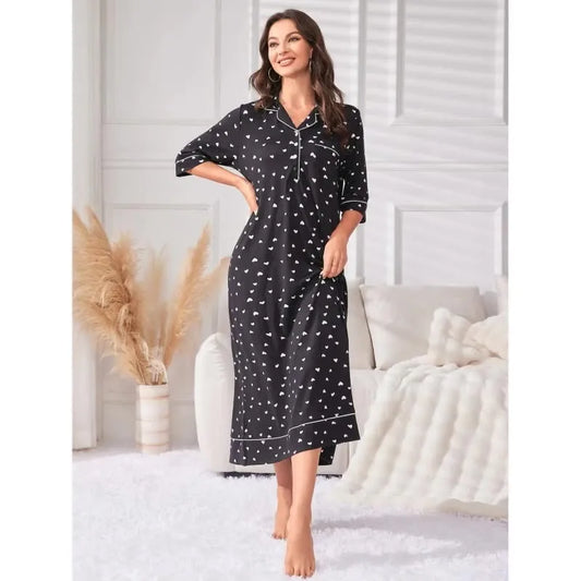Women Nightgown Notched Collar Female Sleepwear Dress with Chest Pocket Half Sleeve Fall Nightwear Front Button Homwear Clothing