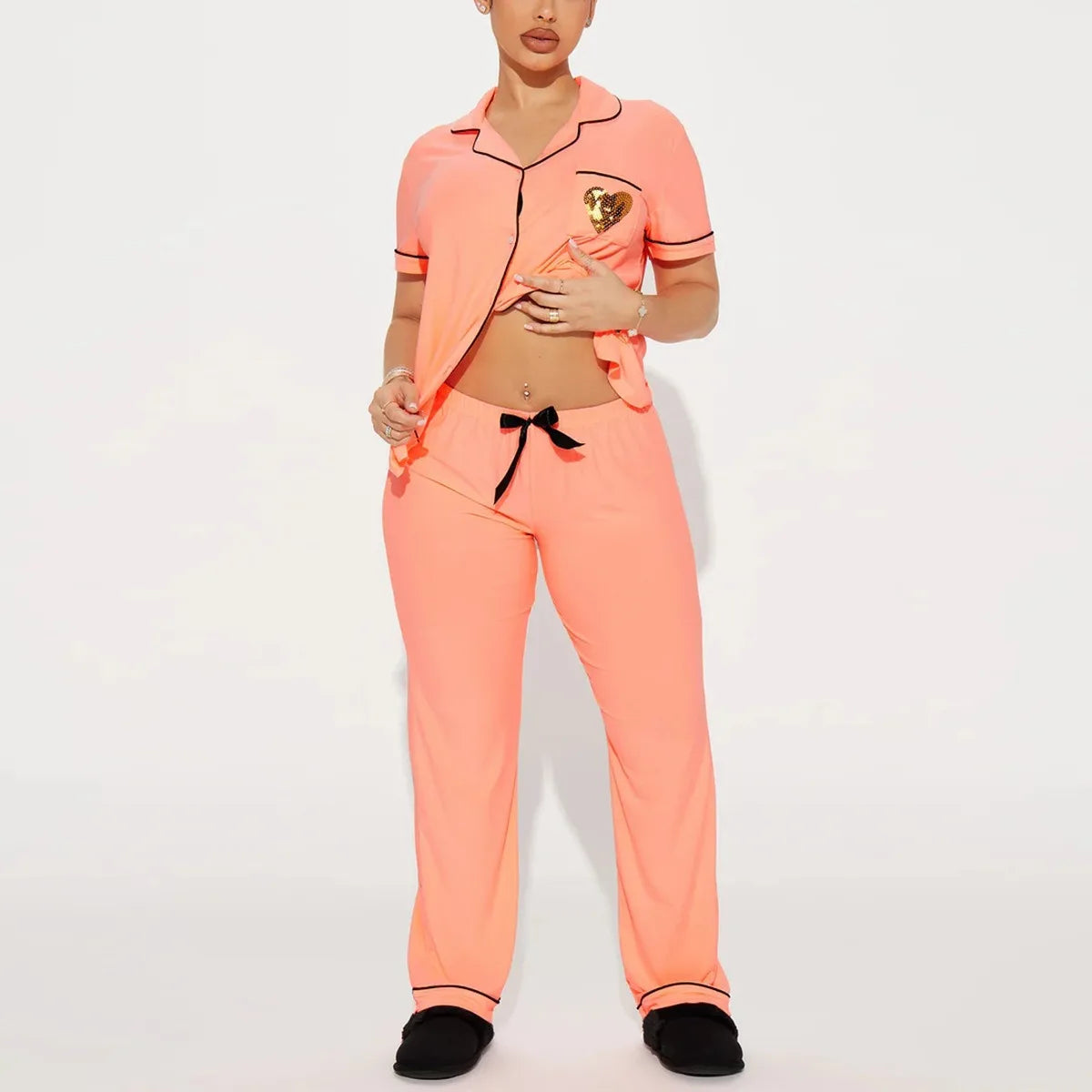 Gliter Heart Print Women's Pajamas Set Turn Down Collar Top & Full-Length Pants 2 Pieces Sleepwear Nightwear Solid Homewear