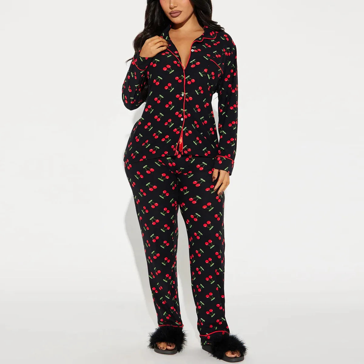 Cherry Print Women Pajama Set Long Sleeves Turn Down Collar Top & Full-Length Pants 2 Pieces Female Sleepwear Nightwear