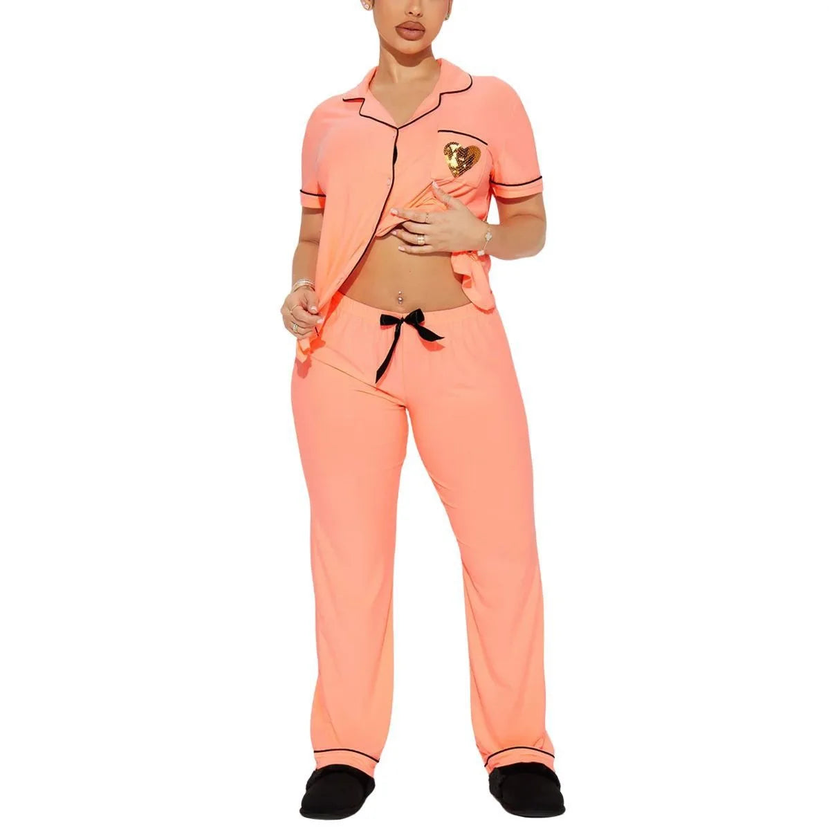 Gliter Heart Print Women's Pajamas Set Turn Down Collar Top & Full-Length Pants 2 Pieces Sleepwear Nightwear Solid Homewear